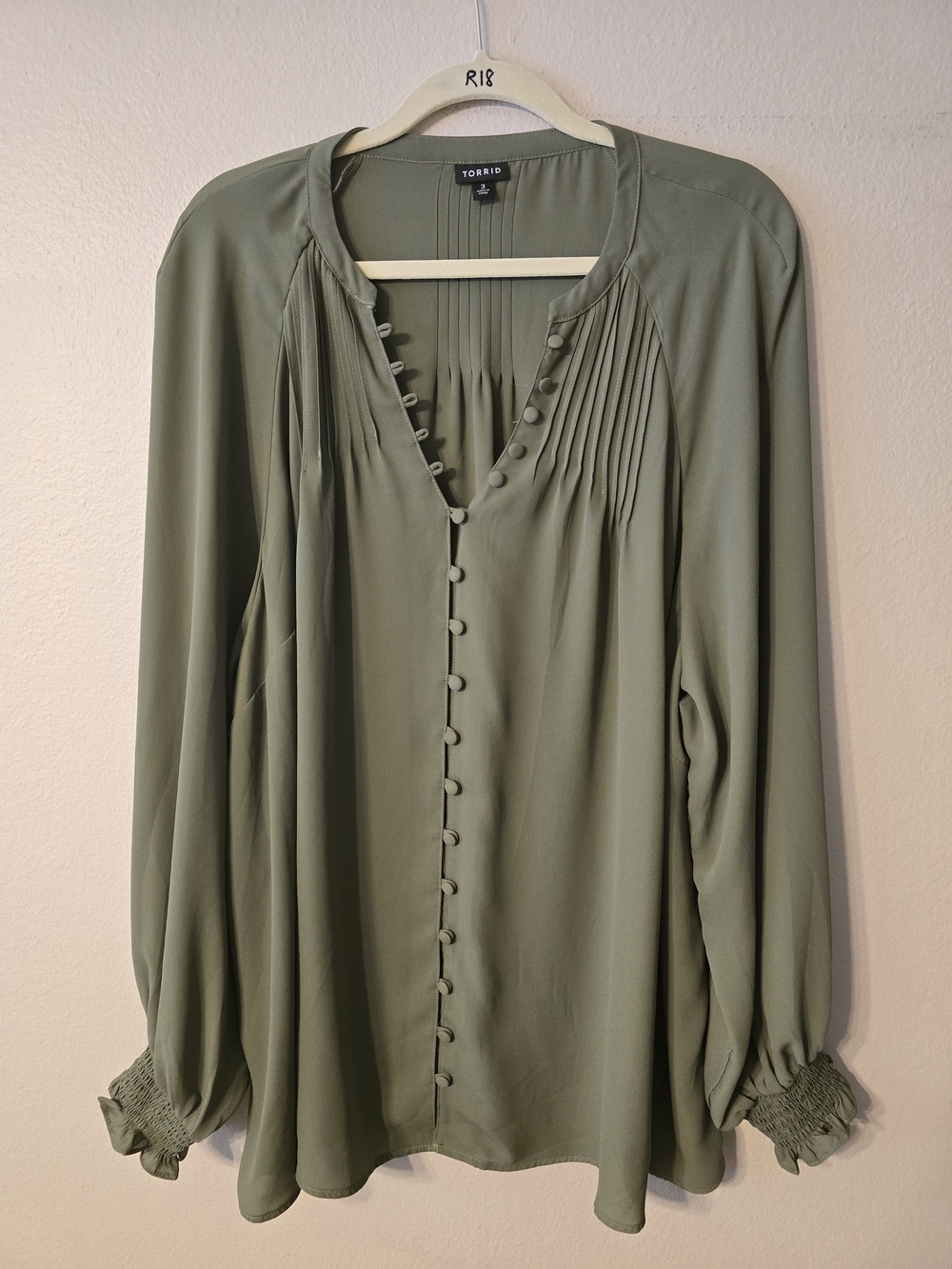 Torrid Olive Green Pleated Button-Front Long Sleeve Blouse
